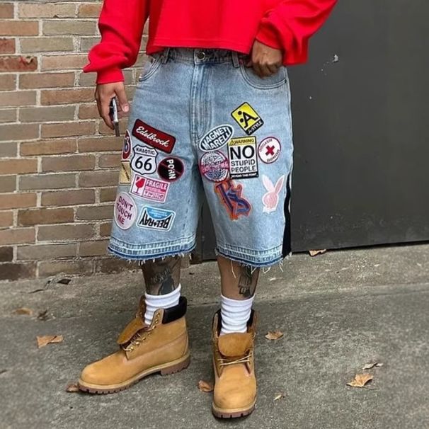 Men's Clothing European And American Trendy Brand Printed Denim Shorts Men's High Street Design Straight Shorts Loose Versatile Mid Length Pants Trend_mkmklike.com