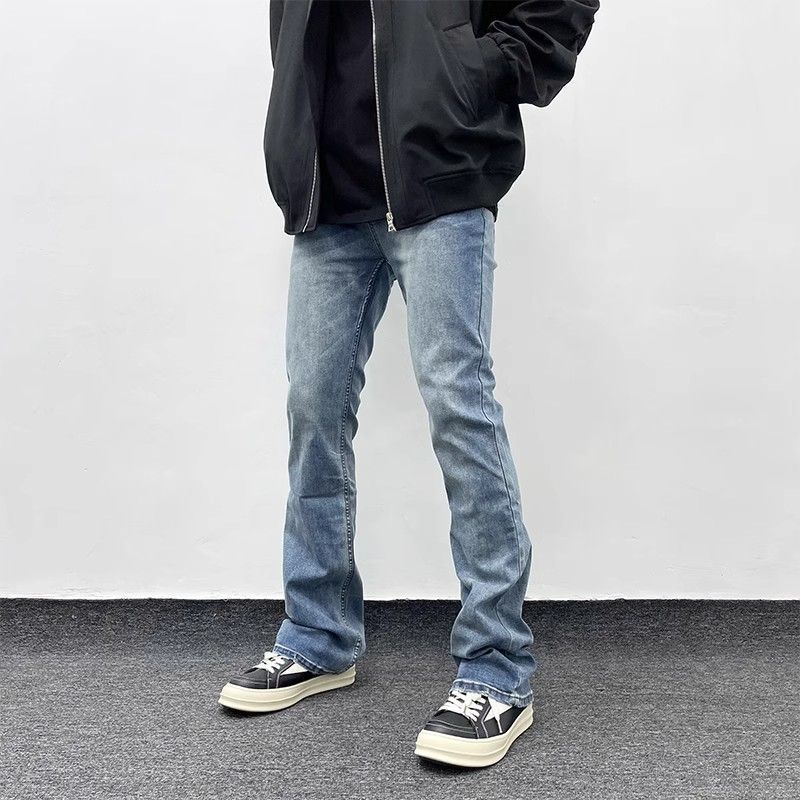 Men's Light Blue Washed Slim Fit Straight Leg Stretch Jeans High Street Style Versatile Casual Layered Pants_mkmklike.com