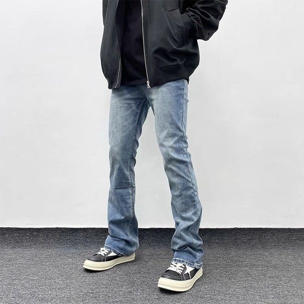 Men's Light Blue Washed Slim Fit Straight Leg Stretch Jeans High Street Style Versatile Casual Layered Pants_mkmklike.com
