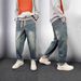 Men's Casual Straight Leg Washed Denim Pants - Stretch Comfort Fit, Vintage Style, Multiple Sizes (Blue)_mkmklike.com