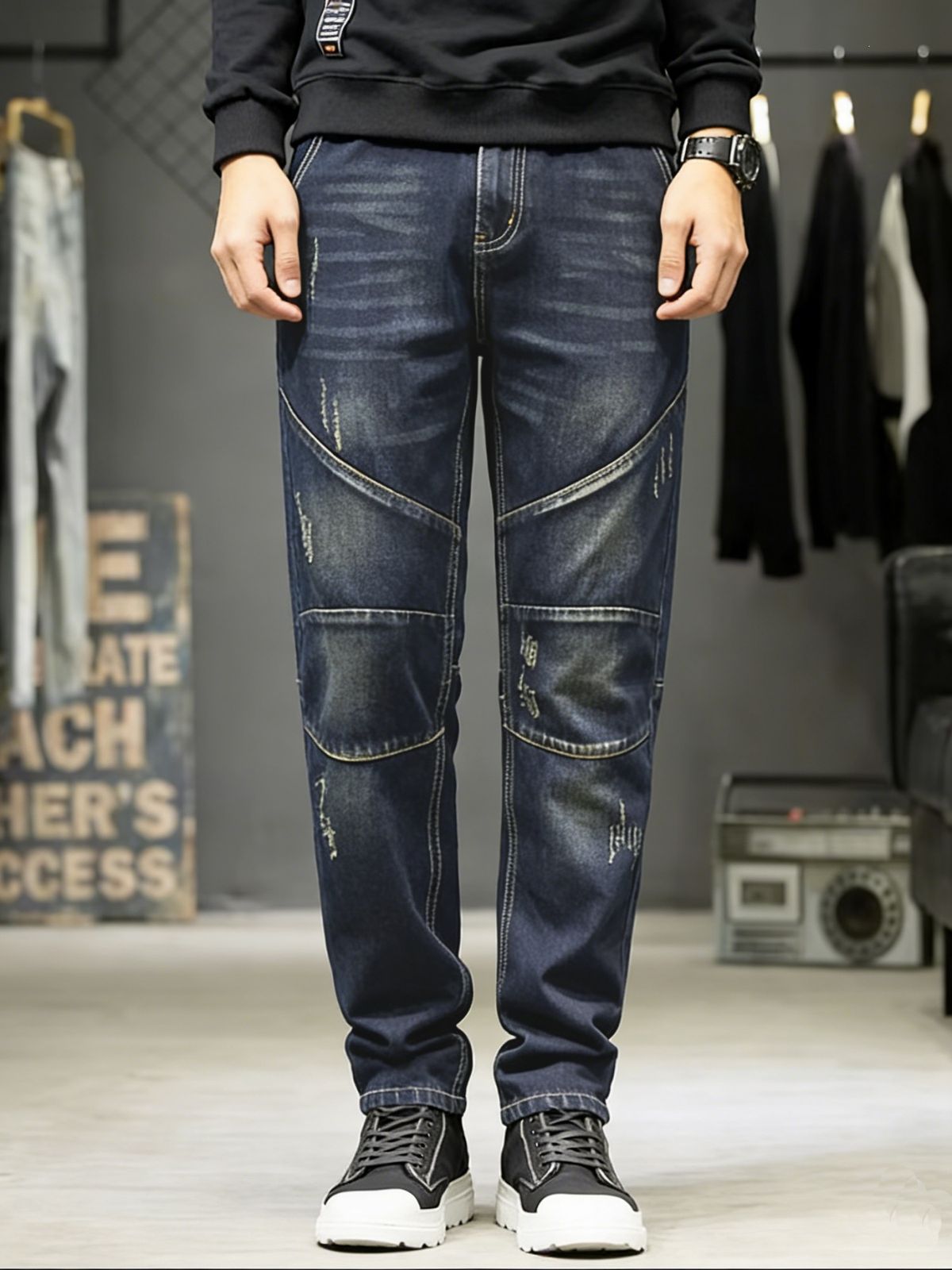 Men's Distressed Denim Jeans | Stretch Comfort Slim Fit With Patchwork Details | Vintage Blue Casual Pants_mkmklike.com