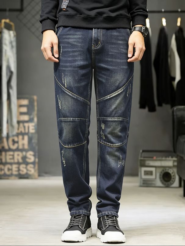 Men's Distressed Denim Jeans | Stretch Comfort Slim Fit With Patchwork Details | Vintage Blue Casual Pants_mkmklike.com
