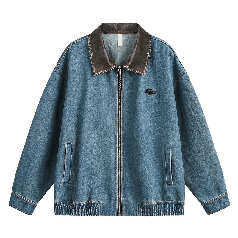 Vintage Blue Washed Denim Jacket For Men With PU Leather Collar - Detroit Style Workwear Coat_mkmklike.com
