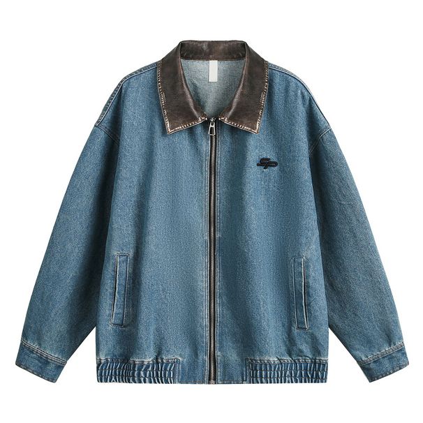 Vintage Blue Washed Denim Jacket For Men With PU Leather Collar - Detroit Style Workwear Coat_mkmklike.com