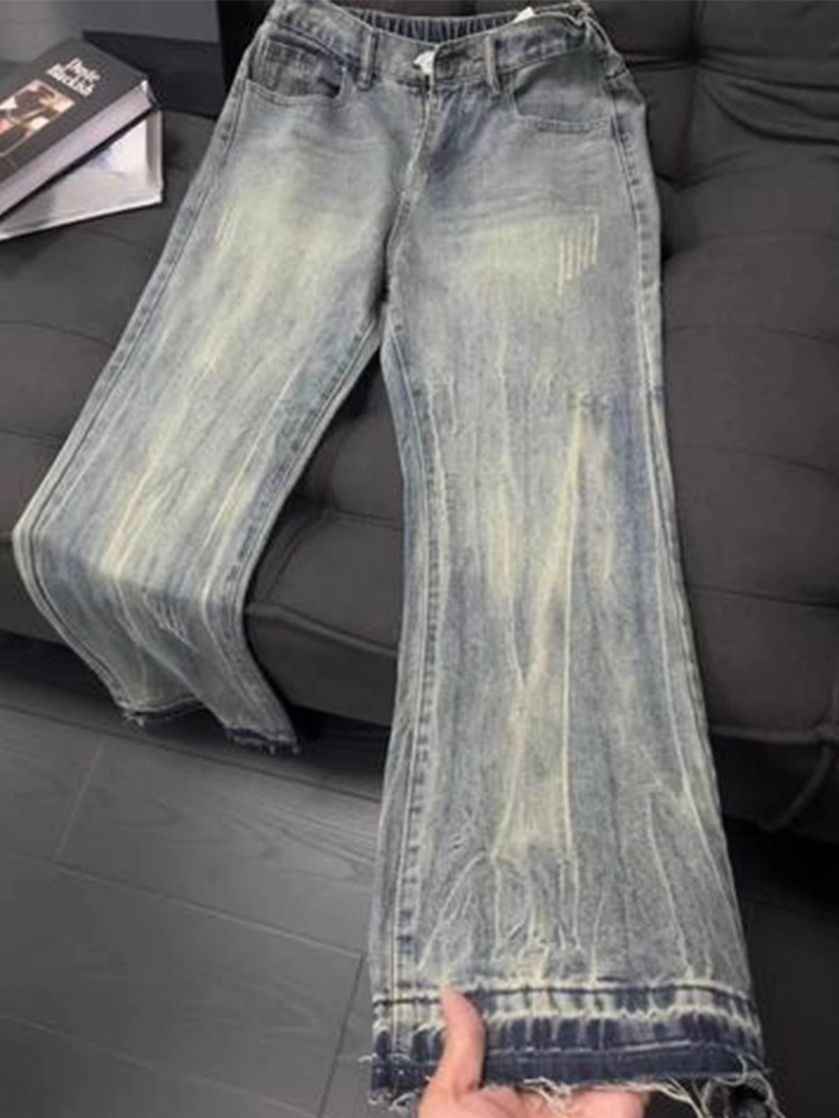 Retro Cat Scratch Jeans For Men – Lightweight Summer Denim, Slim Fit With Flared Straight Leg, High Street Style_mkmklike.com