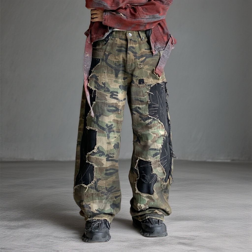 Men's Camo Streetwear Jeans – Relaxed Straight Fit, Distressed Washed Denim (S-3XL) | Military-Inspired & Hand-Painted Details_mkmklike.com