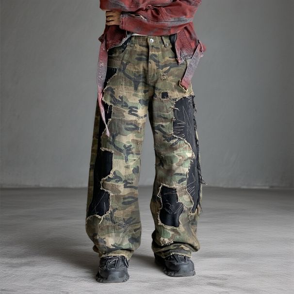Men's Camo Streetwear Jeans – Relaxed Straight Fit, Distressed Washed Denim (S-3XL) | Military-Inspired & Hand-Painted Details_mkmklike.com