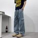 Men's American Style Drawstring Cargo Jeans Trendy Streetwear Hip Hop Loose Fit Casual Straight Leg Pants_mkmklike.com