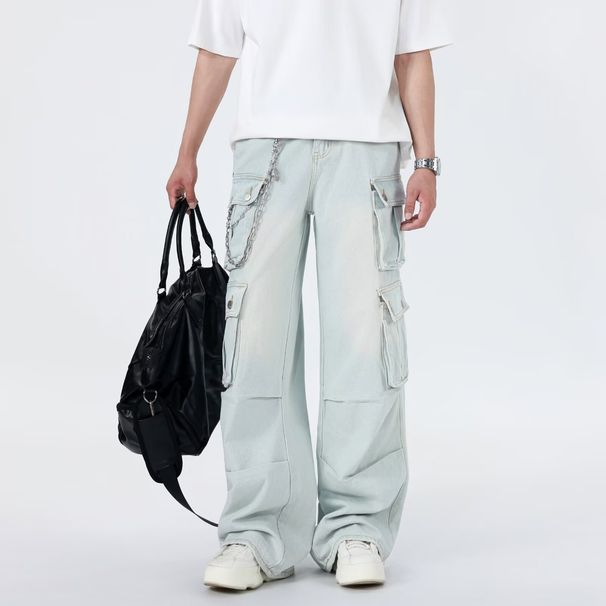 Men's Light Blue Cargo Jeans With Multiple Pockets - Y2K Streetwear, Hip-Hop Fashion, Wide-Leg High-Waisted Pants For Casual & Stylish Outfits_mkmklike.com