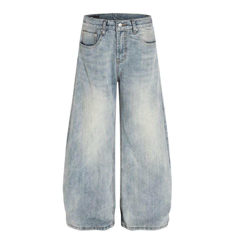 American Washed Denim Wide-Leg Scimitar Men's Trousers Cleanfit Trendy Distressed Loose Arc Pants_mkmklike.com