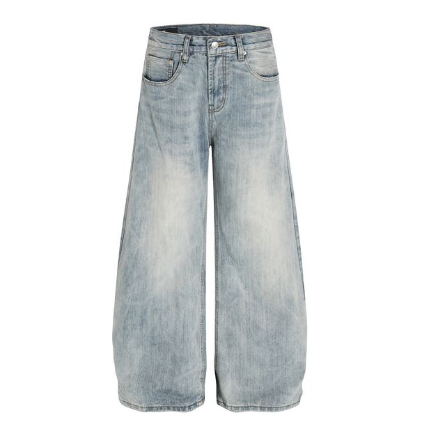 American Washed Denim Wide-Leg Scimitar Men's Trousers Cleanfit Trendy Distressed Loose Arc Pants_mkmklike.com