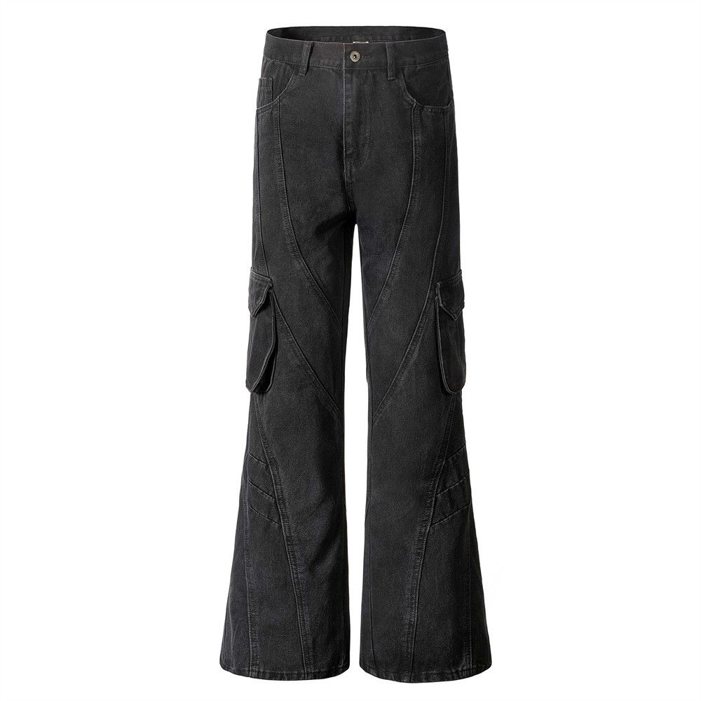 Men's Flared Jeans With Multiple Pockets, Design Sense, Deconstructed, Distressed, Washed, Casual Workwear, Long Pants,_mkmklike.com