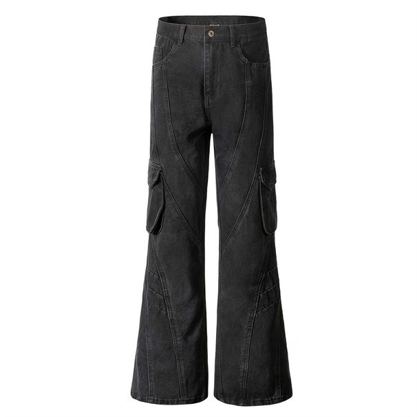 Men's Flared Jeans With Multiple Pockets, Design Sense, Deconstructed, Distressed, Washed, Casual Workwear, Long Pants,_mkmklike.com