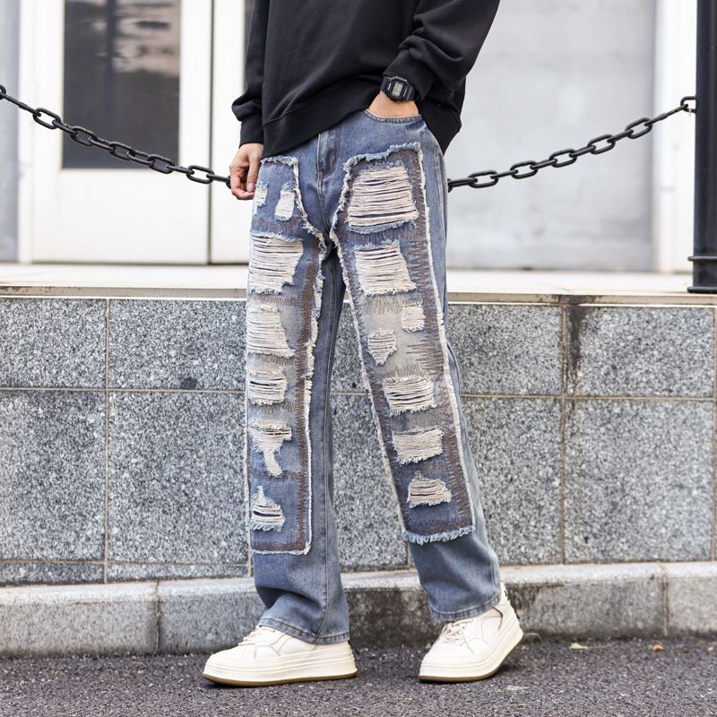 Men's Trendy Patchwork Ripped Jeans European American Style Autumn Winter Loose Straight Leg Trousers Comfortable Versatile Denim_mkmklike.com