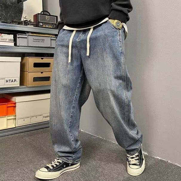 Men's Clothing Washed Distressed Work Jeans Men's Loose Harem Trousers American Style Slightly Flared Drawstring Elastic Dad Jeans_mkmklike.com