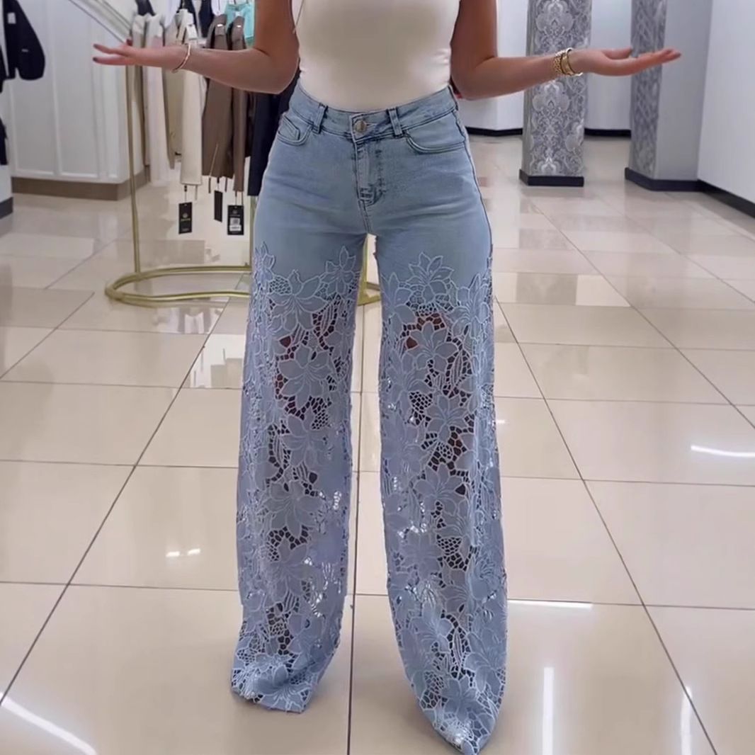 Elegant High-Waisted Wide-Leg Pants With Lace & Denim Trim - Flowy & Flattering For All-Day Comfort_mkmklike.com