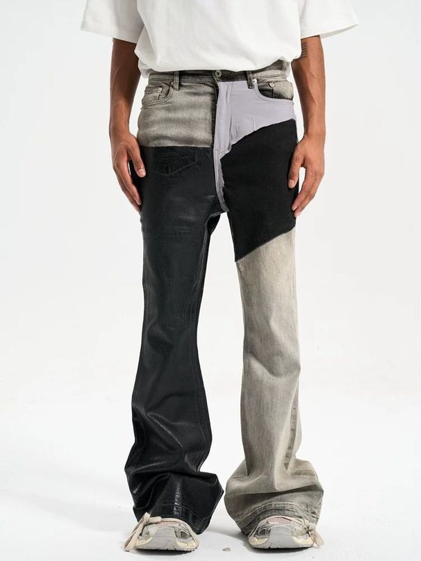 Men's Clothing High Street Stitching Contrast Color Coating Style Trendy Casual Loose Leg Lengthening Waxed Flared Jeans_mkmklike.com