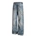 "Men's Vintage Washed Distressed Jeans – 3D Digital Print Chain Detail, Relaxed Straight & Wide-Leg Fit"_mkmklike.com