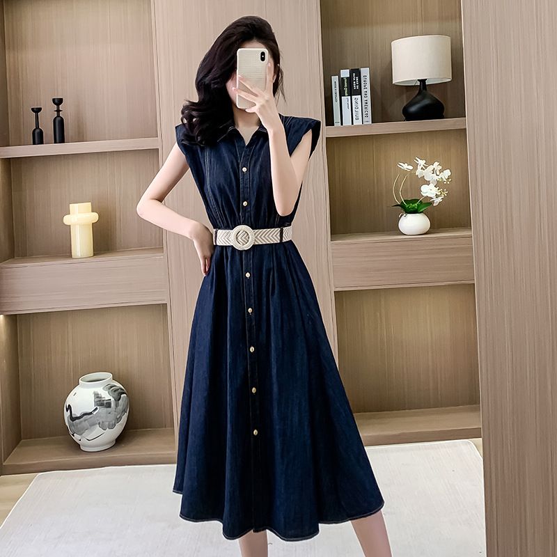 2025 Spring/Summer New Sleeveless Denim Long Dress, French Belt, Waist Collection, Shirt, Middle Skirt_mkmklike.com
