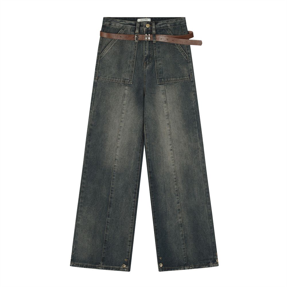American Style Vintage Washed Wide-Leg Jeans For Men And Women High Street Niche Design Loose Straight-Leg Floor-Length_mkmklike.com