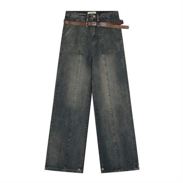 American Style Vintage Washed Wide-Leg Jeans For Men And Women High Street Niche Design Loose Straight-Leg Floor-Length_mkmklike.com