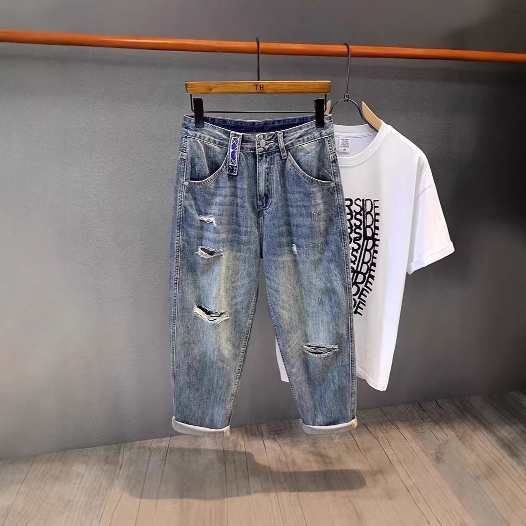 Men's Clothing Men's Style Ripped Jeans Loose Fit Straight Leg Retro High Street Fashion Spring Summer Thin Wide Leg Trousers_mkmklike.com