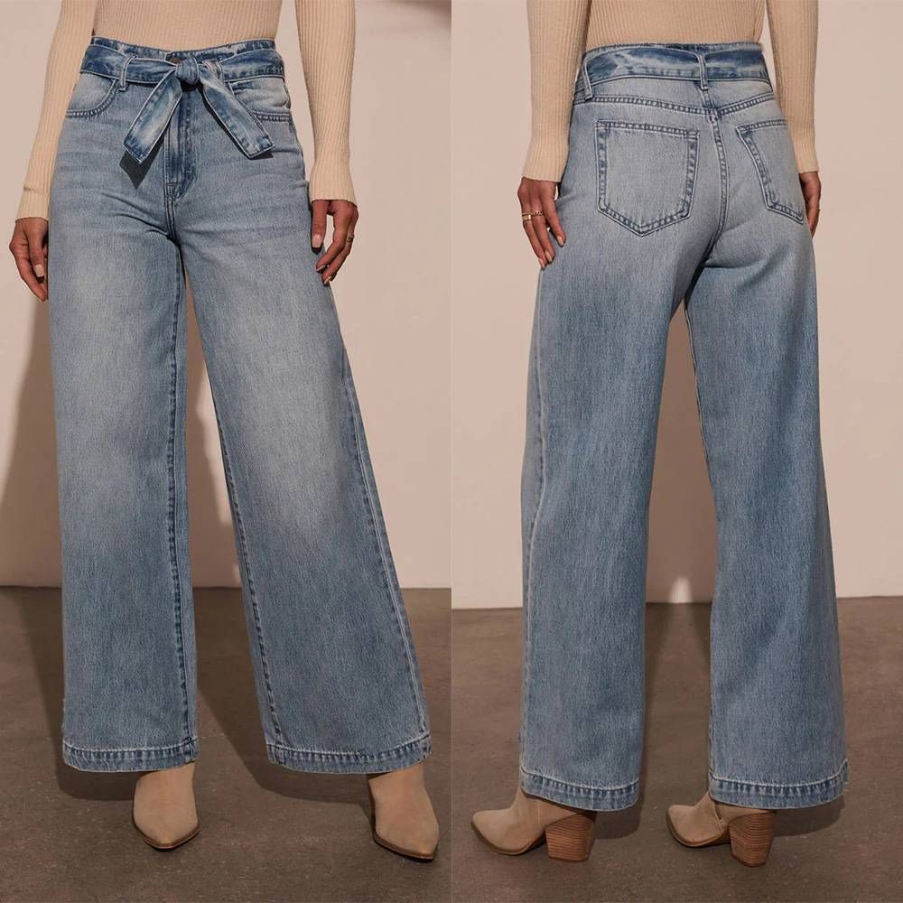 Women's Clothing High Waist Wide Leg Jeans For Women Tie Up Washed Straight Leg Denim European And American Style_mkmklike.com