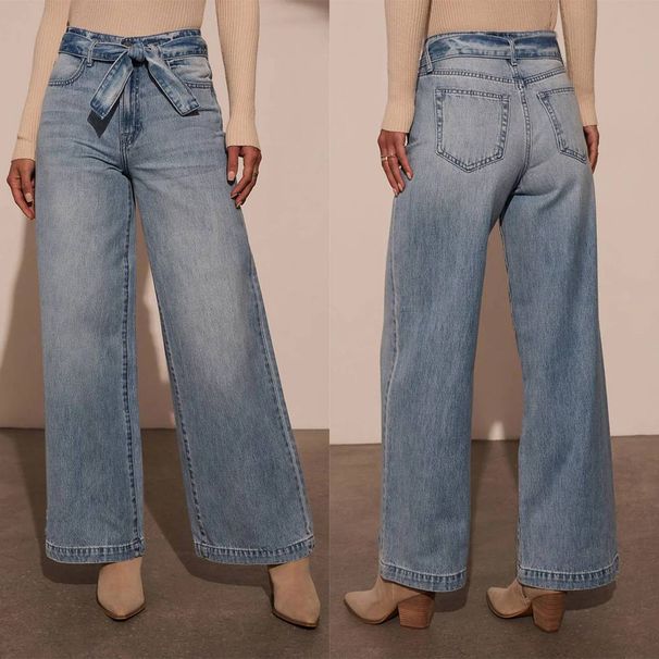 Women's Clothing High Waist Wide Leg Jeans For Women Tie Up Washed Straight Leg Denim European And American Style_mkmklike.com