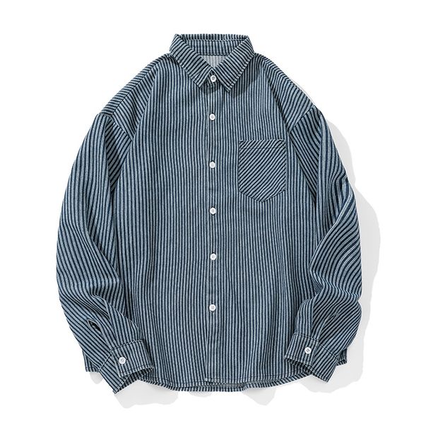 Men's Clothing Retro Washed Denim Striped Long Sleeved Shirt Spring Style Back Stitching Design Loose Casual Shirt_mkmklike.com