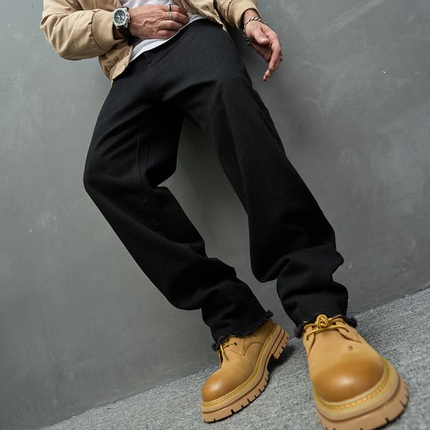 Men's Clothing Trendy New Solid Color Premium Black Stretch Denim Jeans, Unique Mid Waisted Pants, Loose Fit Long Pants, High Street Wide Leg Pants_mkmklike.com