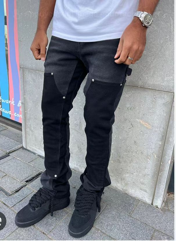 Men’s American Streetwear Cargo Jeans – Black Washed Relaxed Straight-Leg Workwear Pants With Patchwork Design_mkmklike.com