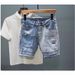 Men's Light Blue Distressed Denim Shorts Mid-Rise Straight-Leg Cutoff Patch Details Casual Summer Style Sizes 28-36_mkmklike.com