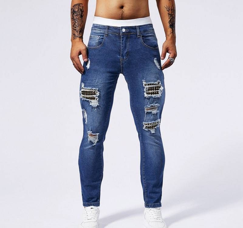 Distressed Patchwork Denim Jeans For Men And Women, Comfortable Stretch Slim Fit Ripped Knee Blue Jeans With Vintage Style_mkmklike.com
