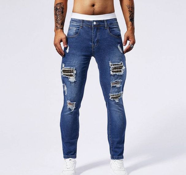 Distressed Patchwork Denim Jeans For Men And Women, Comfortable Stretch Slim Fit Ripped Knee Blue Jeans With Vintage Style_mkmklike.com