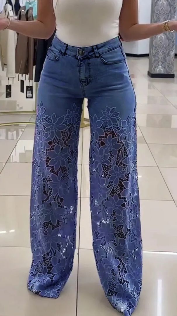 Women's High-Waisted Wide-Leg Jean Selling Stylish Versatile Openwork Lace Patchwork_mkmklike.com