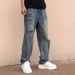 Distressed Washed Relaxed Fit Straight Leg Jeans For Men, Vintage High-Street Denim Trousers With Ripped Details_mkmklike.com