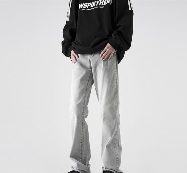 American Retro Washed Smoke Gray Jeans Men's Trendy Narrow Version Straight Casual Pants Cleanfit Micro-pull Pants_mkmklike.com