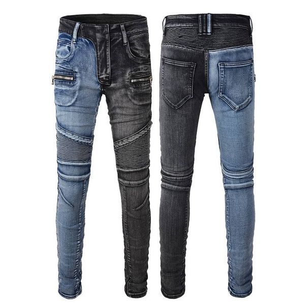 skinny zipper stacked denim pants men Multi pocket ripped wash distressed trousers biker hip hop black blue patchwork men designers jeans_mkmklike.com