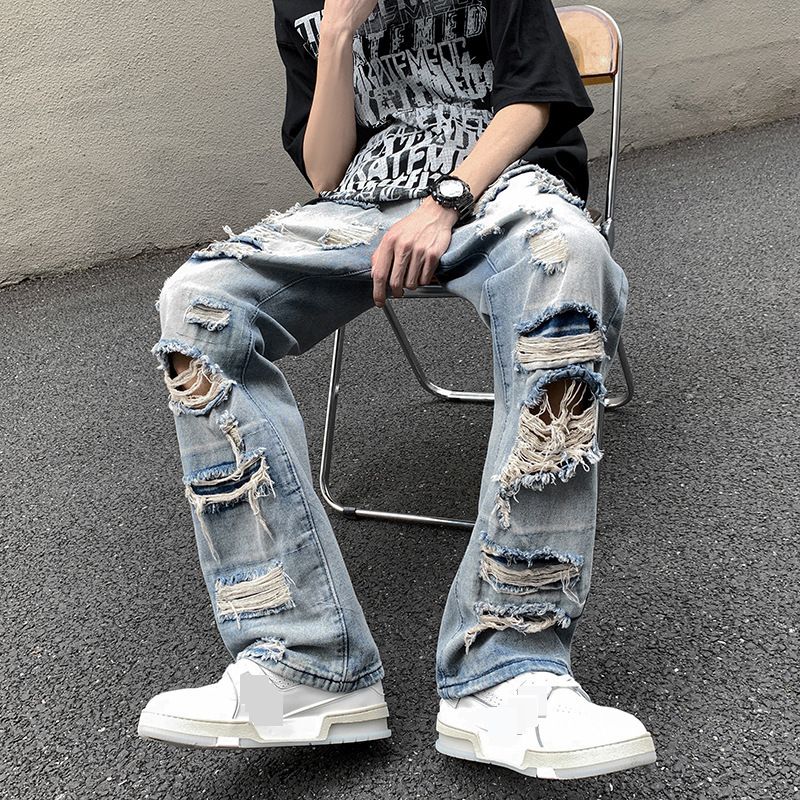 European And American High Street Vibe Pants Men's Summer Washed Ripped Jeans Oversize Straight Pants Nine Point Beggar Pants_mkmklike.com