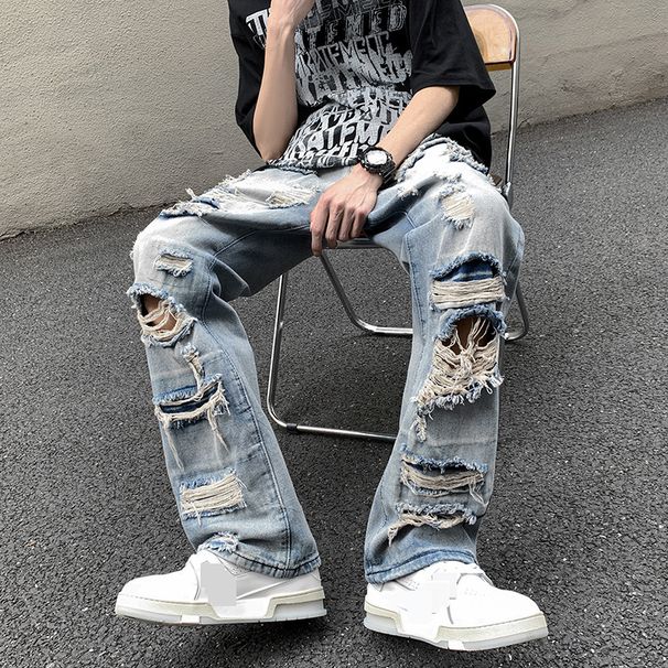 European And American High Street Vibe Pants Men's Summer Washed Ripped Jeans Oversize Straight Pants Nine Point Beggar Pants_mkmklike.com