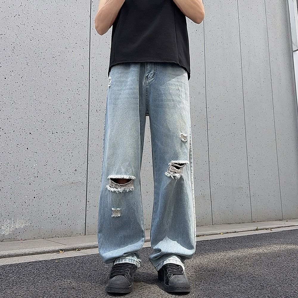 Men's Distressed Jeans High Street Style Washed Light Blue Loose Fitting Wide Leg Floor Length Trousers_mkmklike.com
