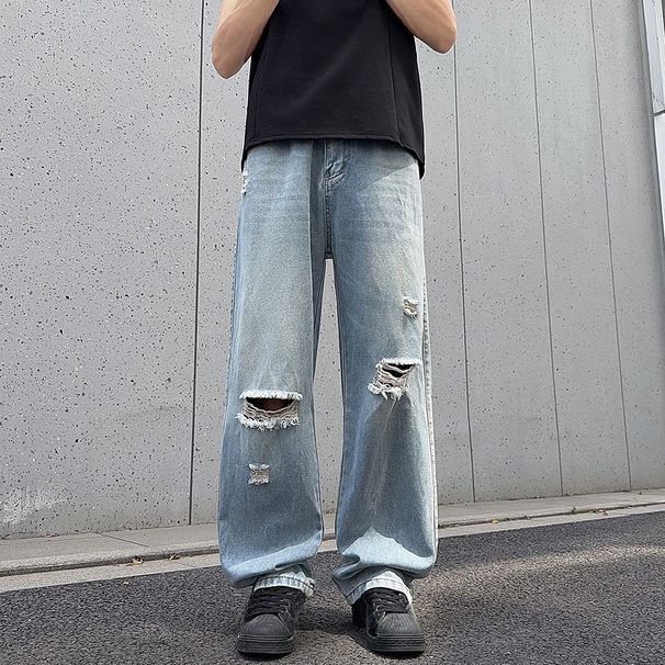Men's Distressed Jeans High Street Style Washed Light Blue Loose Fitting Wide Leg Floor Length Trousers_mkmklike.com