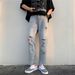 Men's Trendy Washed Distressed Ripped Jeans Loose Straight Leg High Street Style American Retro Frayed Hem_mkmklike.com