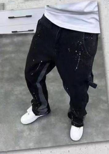Men's Clothing High Street Trendy Splashed Ink Micro Flared Jeans Retro Vibe Style Loose Straight Casual Mopping Trousers_mkmklike.com