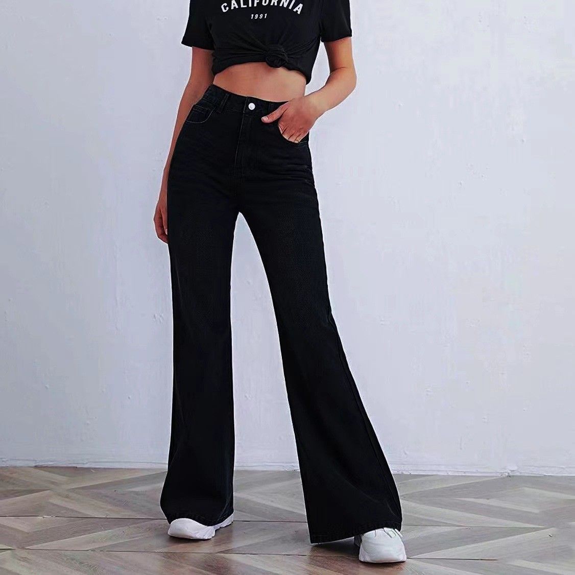 Women's High-Waisted Slim Fit Flared Jeans Light Blue Zipper Closure Casual Cotton Denim Street Style Solid Color For Office Lady_mkmklike.com