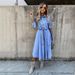 Vintage Waist-Cinching Dress With Belt Long Skirt Single-Button Stand Collar Denim Maxi Gown Full Sleeve Standard Sleeve Length_mkmklike.com