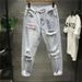 New Style Japanese Loose Brushed Brushed Ripped Beggar's Pants Men's Trendy Light Wash Nine-point Jeans For Men_mkmklike.com