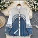 Women's Clothing Design Lace Stitching Contrast Color Long Sleeved Denim Shirt Loose Versatile Single Breasted Jacket_mkmklike.com