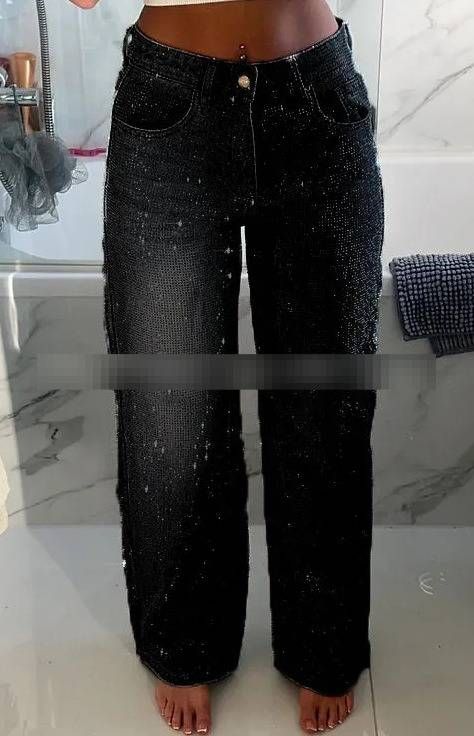 Distressed High-Rise Jeans With Rhinestone Details - Relaxed Fit Straight Leg Denim Pants For Women_mkmklike.com