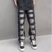 "Streetwear Distressed Patchwork Denim Jeans For Men – Oversized Straight Cut With Vintage Wash, Ripped Details & Faded Gradient_mkmklike.com
